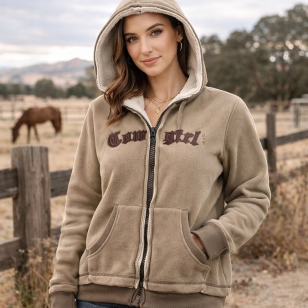 Cowgirl Brand Sherpa Lined Hoodie Women Large Tan Western Full Zip Fleece Jacket